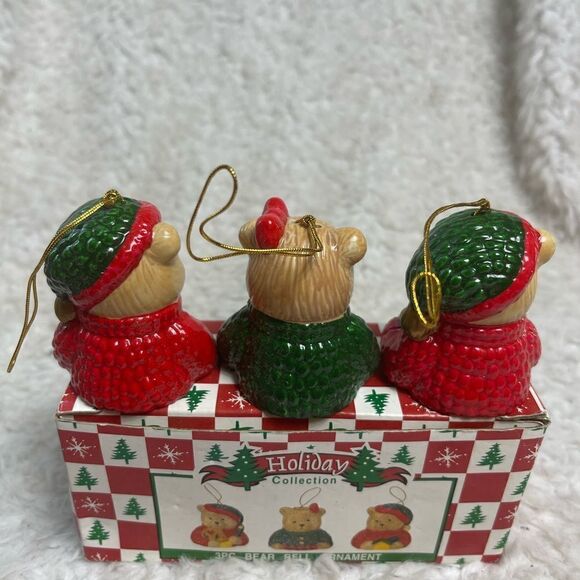 New in Box set of 3PC  ceramic Bear Bell Ornament Red ,Green & Tan colors - Picture 4 of 12